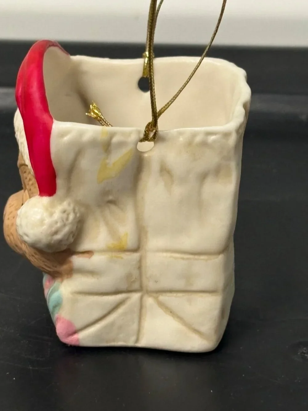 Vintage Bisque Porcelain Teddy Bear Christmas Paper Bag Gift Holder Ring Box